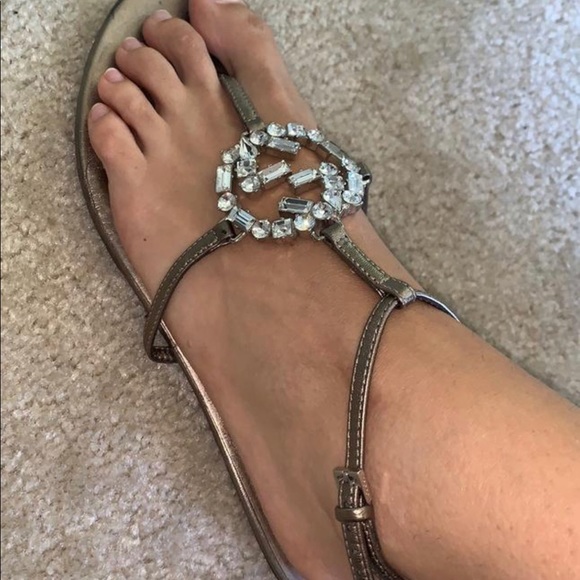 Gucci Metallic Crystals Embellished Thong Sandals